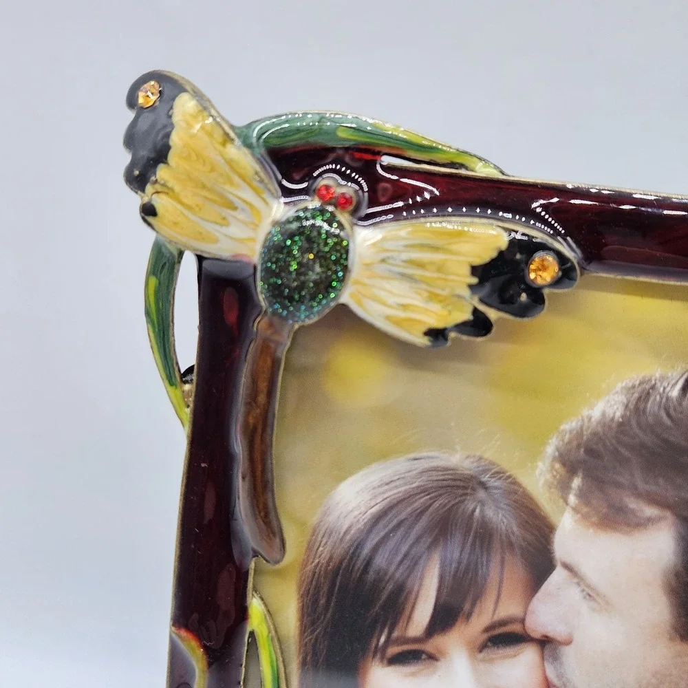 Jeweled Picture Frame Purple 3D Dragonfly Flower Floral Gemstone Enamel 4x6